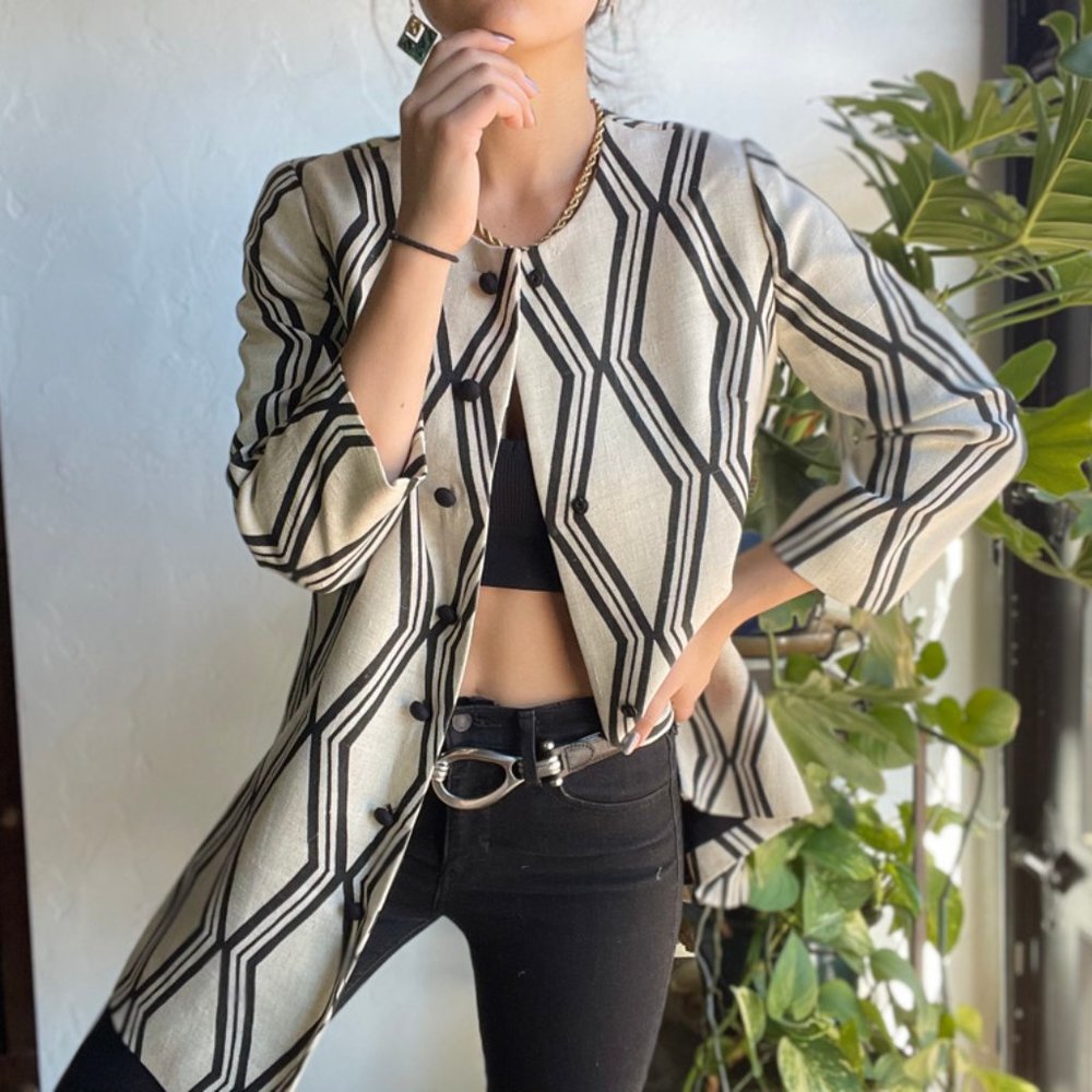 Vintage | Black+White Geometric Woven Coat